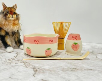 Handmade Ceramic Matcha Bowl Set: Grass Pink Tea Ceremony