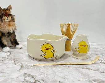 Handmade Yellow Duck Matcha Bowl: Ceramic Tea Ceremony Set
