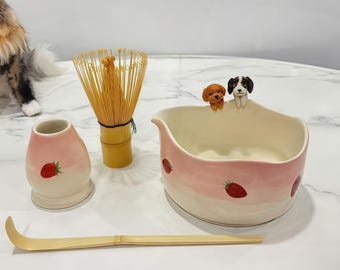 Custom Pet Portrait Matcha Bowl Set: Handmade Ceramic Tea Ceremony