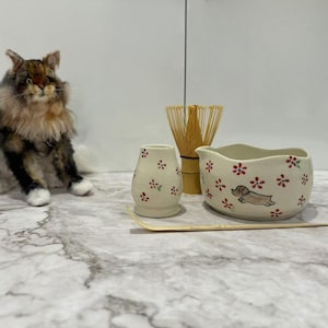 Personalized Pet Portrait Matcha Bowl Set: Handmade Ceramic Tea Ceremony