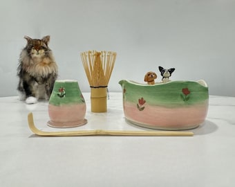 Customize your pet matcha bowl set, Cat and dog portrait matcha bowl set, Personalized matcha bowl set, Cute tulip pet matcha bowl set 500ml