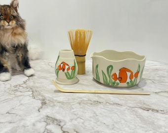 Handmade Ceramic Matcha Bowl Set: Clown Fish Design, Personalized Option
