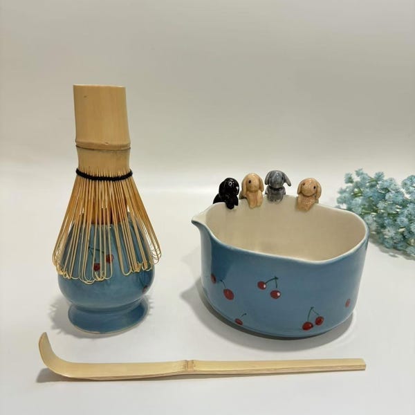 Kaninchen Figur Matchaschale, Haustier Tier Porträt Anpassung personalisierte Matchaschale, Handgemachte maßgeschneiderte Matchaschale Set, Matchaschale