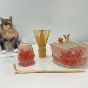 Puede incluir: Un juego de té matcha con un cuenco y una taza de cerámica rosa, ambos decorados con diseños florales rojos. También hay un batidor de bambú, una cuchara y un cuenco decorativo con figuras de perros. Un gato esponjoso está en el fondo.