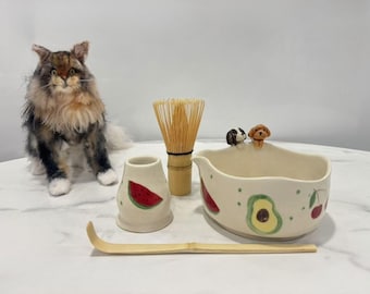 Cute pet portrait custom matcha bowl set, Hand-painted fruit matcha bowl, 500ml matcha bowl set, personalized 3D pet statue customization