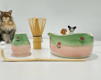 Custom Pet Portrait Matcha Bowl Set: Handmade Ceramic Tulip Design