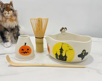 Custom Pet Portrait Halloween Matcha Bowl Set, Handmade Ceramic