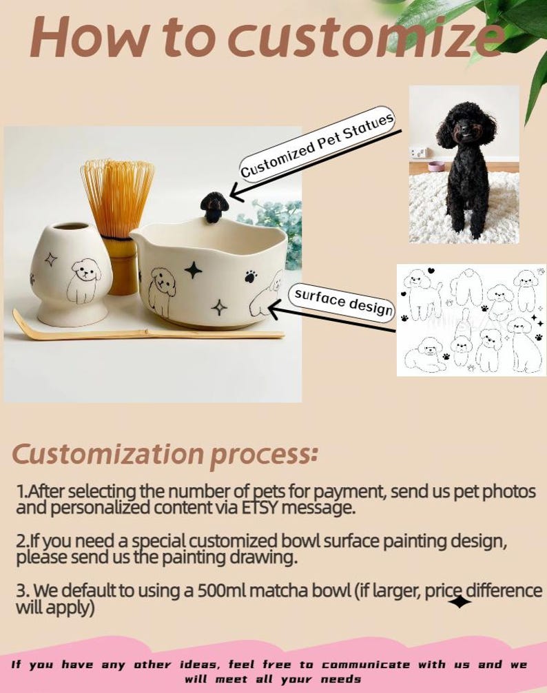 May include: A ceramic matcha bowl and whisk holder set featuring black line art of dogs and paw prints. A small black dog figurine sits on the bowl rim. Text includes How to customize, Customized Pet Statues, surface design, and Customization process.