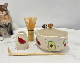 Custom Pet Portrait Matcha Bowl Set: Hand-Painted Ceramic Tea Ceremony