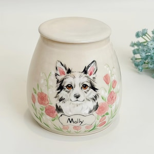 Customized corgi dog ashes pet urn, hand-painted dog portrait memorial ceramic cremation urn, personalized pet ashes pot with name bone tag