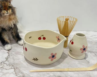 Handmade Ceramic Matcha Bowl: Cherry Blossom Design, Personalized Option