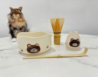 Personalized Ceramic Matcha Bowl Set: Handmade Little Bear Design