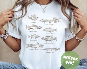 Chemise avec nom de poisson, truite arc-en-ciel, chemise achigan à petite bouche, t-shirts de pêche, chemise poisson tendance, cadeau pour pêcheur, t-shirt poisson rétro, t-shirt unisexe