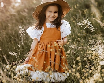 Boho Little Girl Dress Unique Baby Flower Girl Outfit - Retro Toddler Dress For Spring Style Photoshoot ~ Linen Dress For Kids ~ Lora