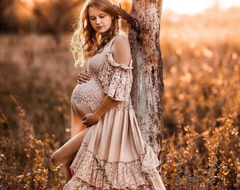 Off the shoulder maternity wedding dress,Maternity Boho Bridal Gown for photoshoot, Linen Plus Size Bridal Dress, Open shoulders Gown -NAOMI