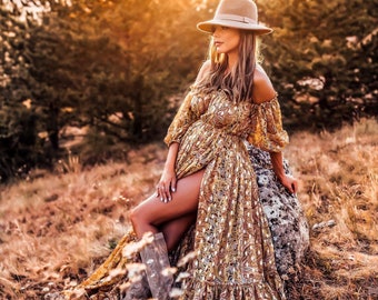 AUTUMN gown - Maternity dress for photoshoot, Boho Maternity gown baby shower, Photo shoot dress, Flutter Photoshoot dress