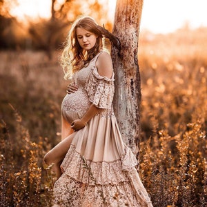 Off the shoulder maternity wedding dress,Maternity Boho Bridal Gown for photoshoot, Linen Plus Size Bridal Dress, Open shoulders Gown -NAOMI