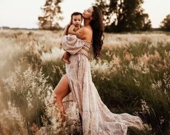 Chiffon boho women maternity client closet dress for photo shoot, Cottagecore dress Pregnancy photoshoot gown, Vintage style Dress for photo