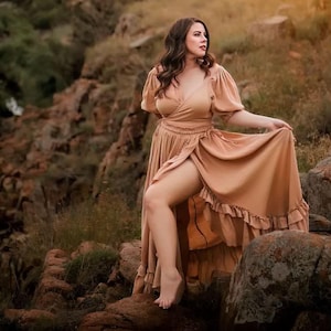 brown dress for photoshoot Vintage Off-the-shoulder High Slit Boho Matenrity Photoshoot Dress, Rust / One-size