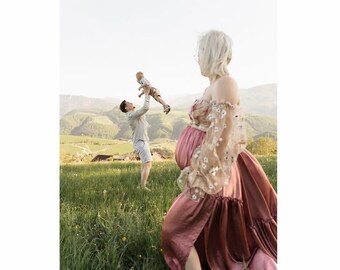 Spring Wildflower Maternity Dress For Mothers Day Photoshoot ~ Whimsical Baby Shower Photography Gown ~ Outdoor Maternity Gown ~ Paverina