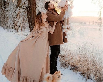 Långärmad Boho Gravidklänning för Fotografering från ZeBuBeYou® ~ Förlovningsklänning med hög slits ~ Babyshowerklänning ~ Fotografi ~ Magnoliaklänning