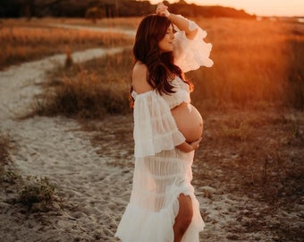 Vestido de maternidad de gasa para sesión de fotos, vestido de embarazo de gasa + tul de dos piezas para la cena de ensayo, revelación de género, vestido brillante