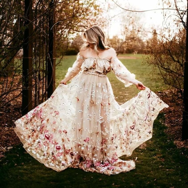 Floral Tulle Maternity dress for photoshoot, Boho Maternity gown baby shower, Photo shoot dress, Flutter Photoshoot dress- Spring Meadow