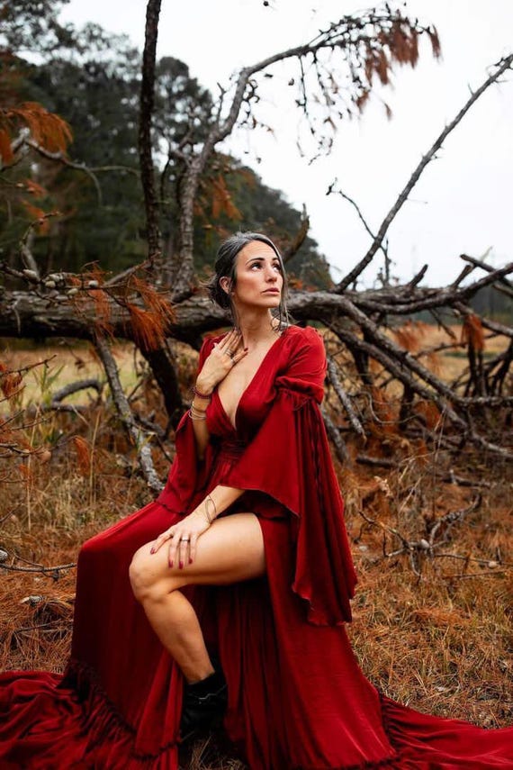 Red Silk Gown for Photoshoot, Long Flying Dress, Photography Gown, Romantic Dress, Engagement Photoshoot, Future Mom Dress ~ Jameela