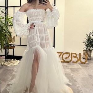 Chiffon Maternity Dress for Photo Shoot, Two piece Chiffon Tulle Pregnancy Gown for Rehearsal Dinner, Gender Reveal, Glow gown White - Pictured