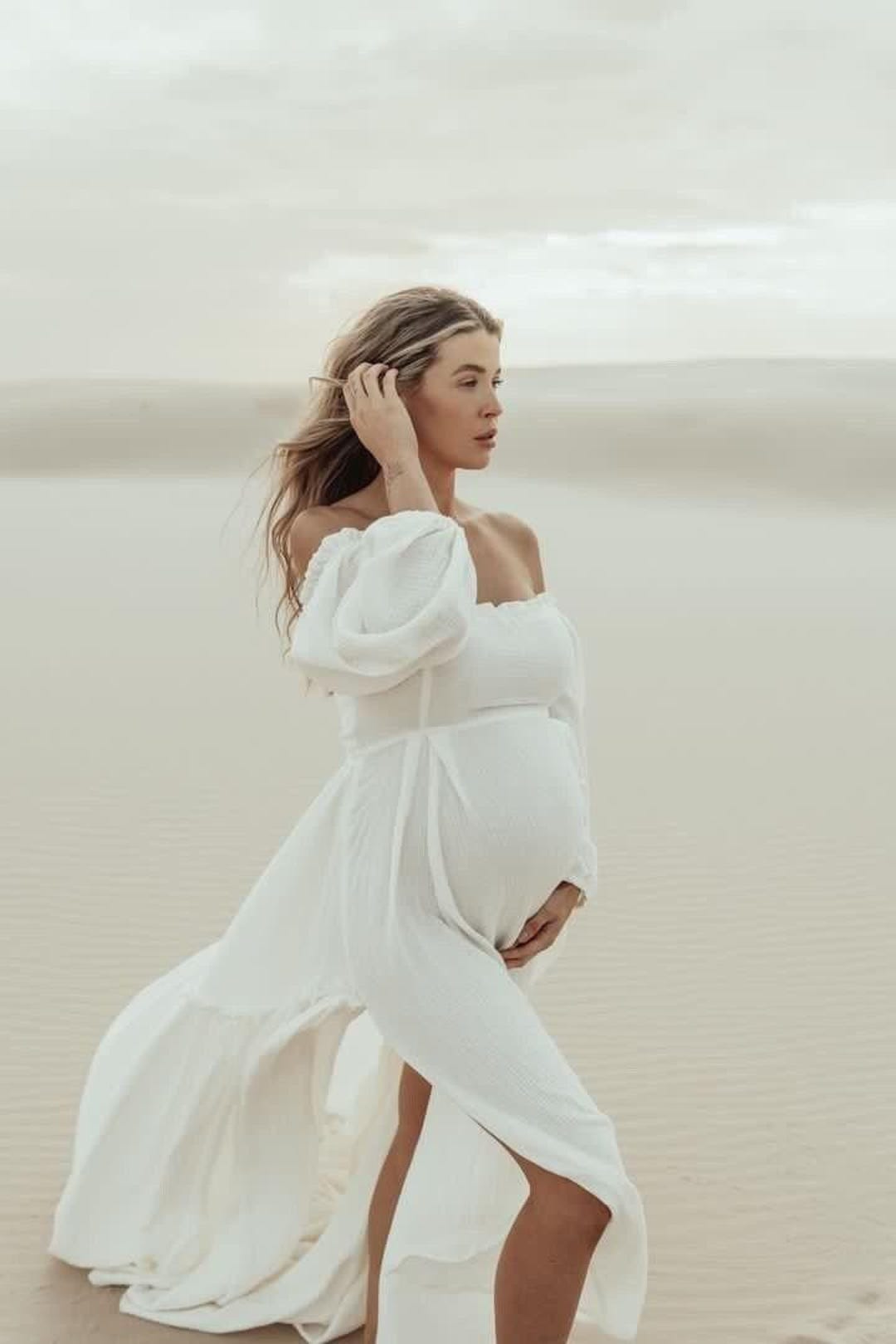 beach dress for pregnant women Maternity Wedding Dress, Maternity Bridal Gown, Elopement Dress, Simple Wedding Dress, Vow Renewal Gown, Pregnancy Dress, Photoshoot One-Shoulder Pleated Asymmetric Cutout Nursing Sleeveless Dress by Neck Size:17 1/2 IHC06