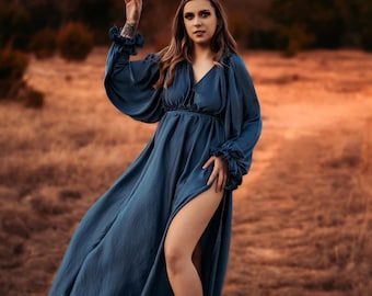 Dark Blue Long Silk Wedding Guest Dress, Boho Maternity Dress for Photo Shoot, Plus Size Silk Maxi Dress, Gender Reveal Dress - Birgit Gown