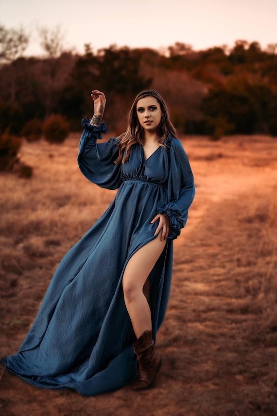 Dark Blue Long Silk Wedding Guest Dress, Boho Maternity Dress for Photo Shoot, Plus Size Silk Maxi Dress, Gender Reveal Dress - Birgit Gown