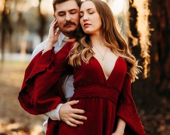 Boho Maxi Dress for Women Flowy Vintage Gown Maternity Photoshoot Outfit Elegant Pregnancy Photography Prop Couple Photoshoot Jameela