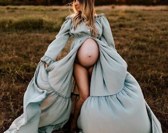 Flowy Maternity Dress by ZeBuBeYou ~ Boho Pregnancy Dress For Photo Shoot, Flying Dress, Open Belly Dress, Gauze Maxi Dress ~ Harmony ~