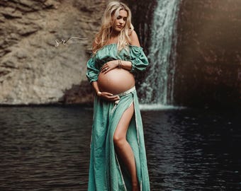 Maternity Photoshoot 2 Piece Sets Womens Clothing ~ Two Piece Boho Maternity Set For Beach Photography - Goddess Maternity Gown ~ Spice