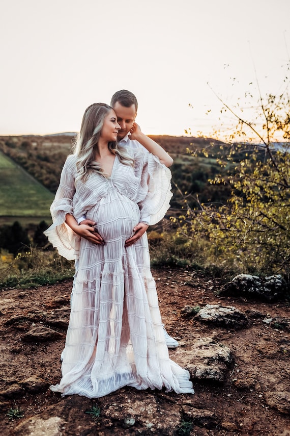 Beige Wedding Maternity Dress for Spring Style Photo Shoot, Boho Maternity Wedding Dress, Forest Wedding Gown, Goddess Dress, Flowy ~ Holly