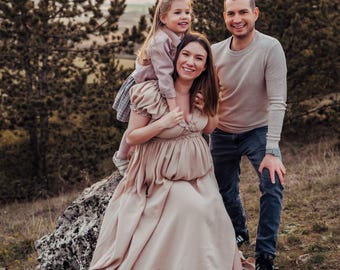 Vestido largo de maternidad para sesión de fotos estilo boho - Vestido vintage para baby shower con telas naturales ~ Sedona