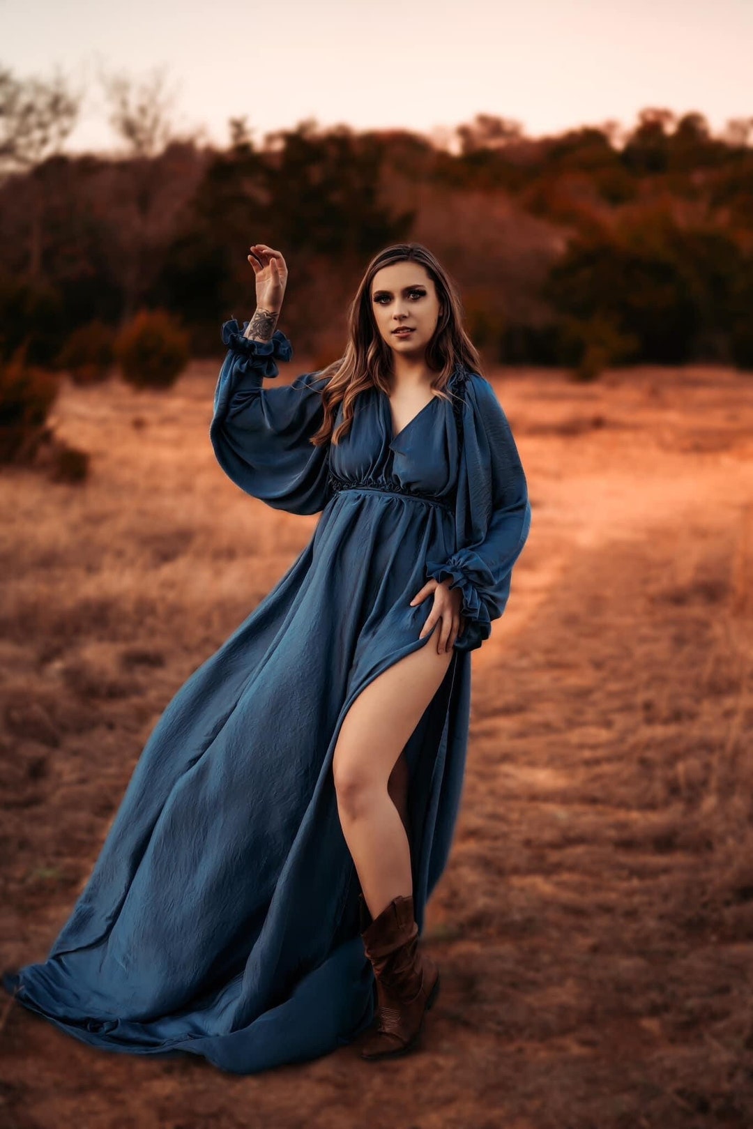 Dark Blue Long Silk Wedding Guest Dress Boho Maternity Dress for Photo