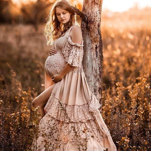 Lace Maternity Wedding Dress, Boho Pregnancy Dress For Photo Shoot, Open Shoulder Gown, Countryside Photography Dress, Bohemian ~ Naomi ~
