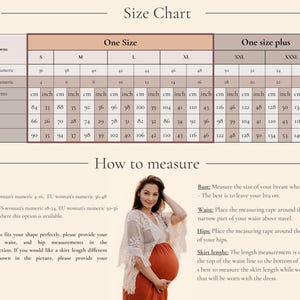 a pregnant woman wearing a size chart and posing for a photograph.