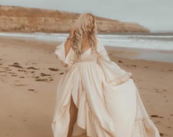Boho Wedding Dress, Plus Size Maternity Wedding Dress, Beach Photoshoot Dress, Long Sleeve Elopement Dress,Pregnant Bride Dress ~ Illusion ~