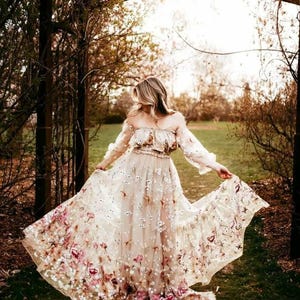 2 Piece Maternity Dress For Photoshoot ~ Floral Boho Dress, Baby Shower Dress, Photography Gown, Whimsical Pregnancy Dress ~ Spring Meadow ~