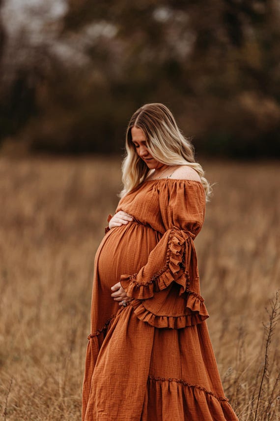 boho off the shoulder maternity dress Momyknows Boho Lace Off Shoulder Lace Tassel Crop 2-in-1 Side Slit Ruffle Photoshoot Maternity Maxi Dress, Apricot / S