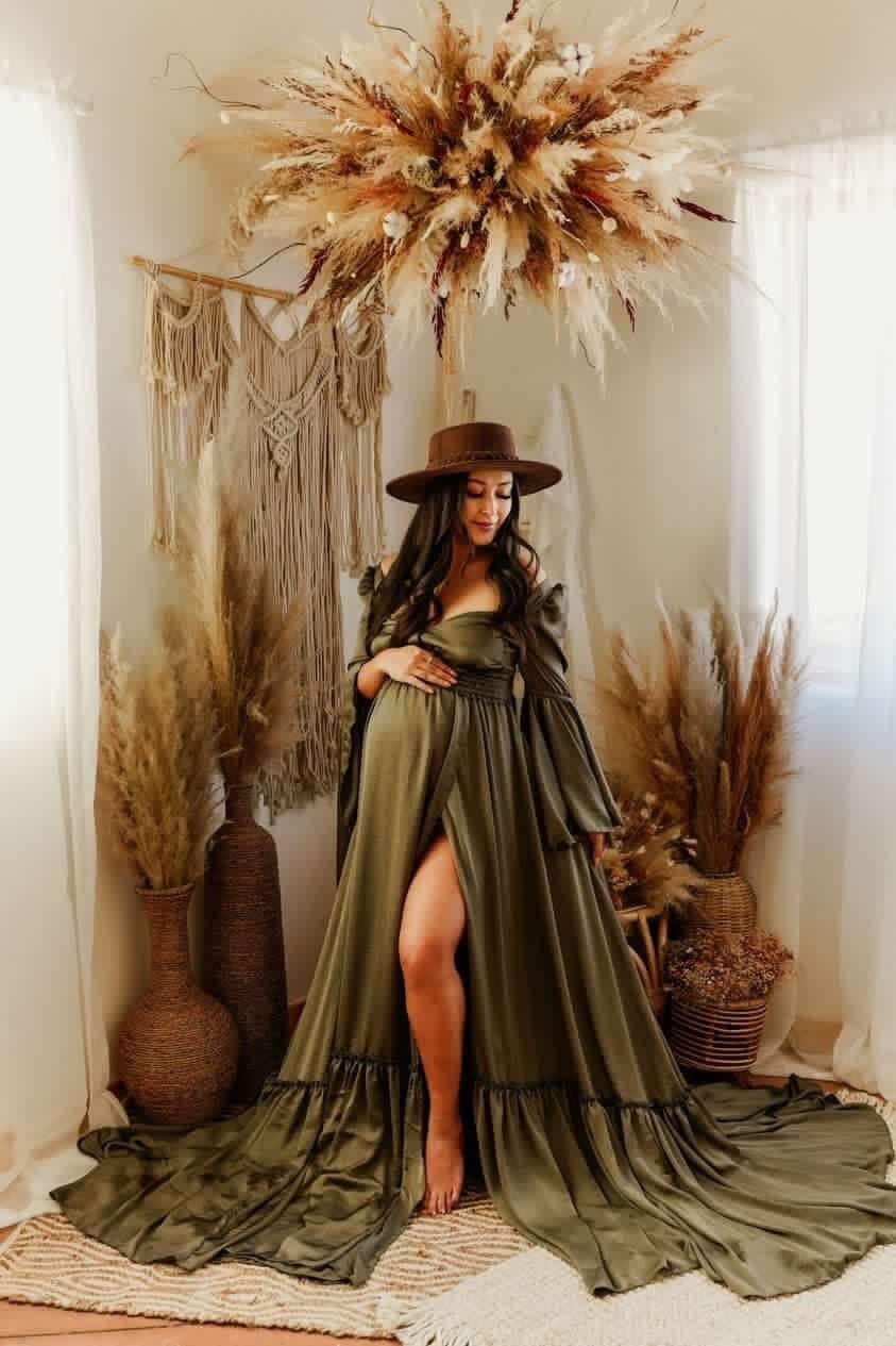 green and gold maternity dress Sage for Baby Shower pregnancy dress ideas