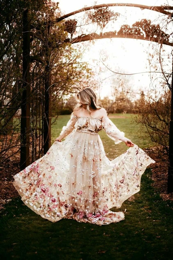 Floral Tulle Maternity Dress for Photoshoot, Boho Maternity Gown