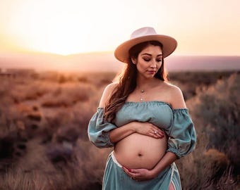 Two Piece Boho Maternity Set For Photoshoot, Natural Fabric Dress, Pregnancy Photography Gown, Beach Maternity Dress,Baby Bump Dress ~Spice~