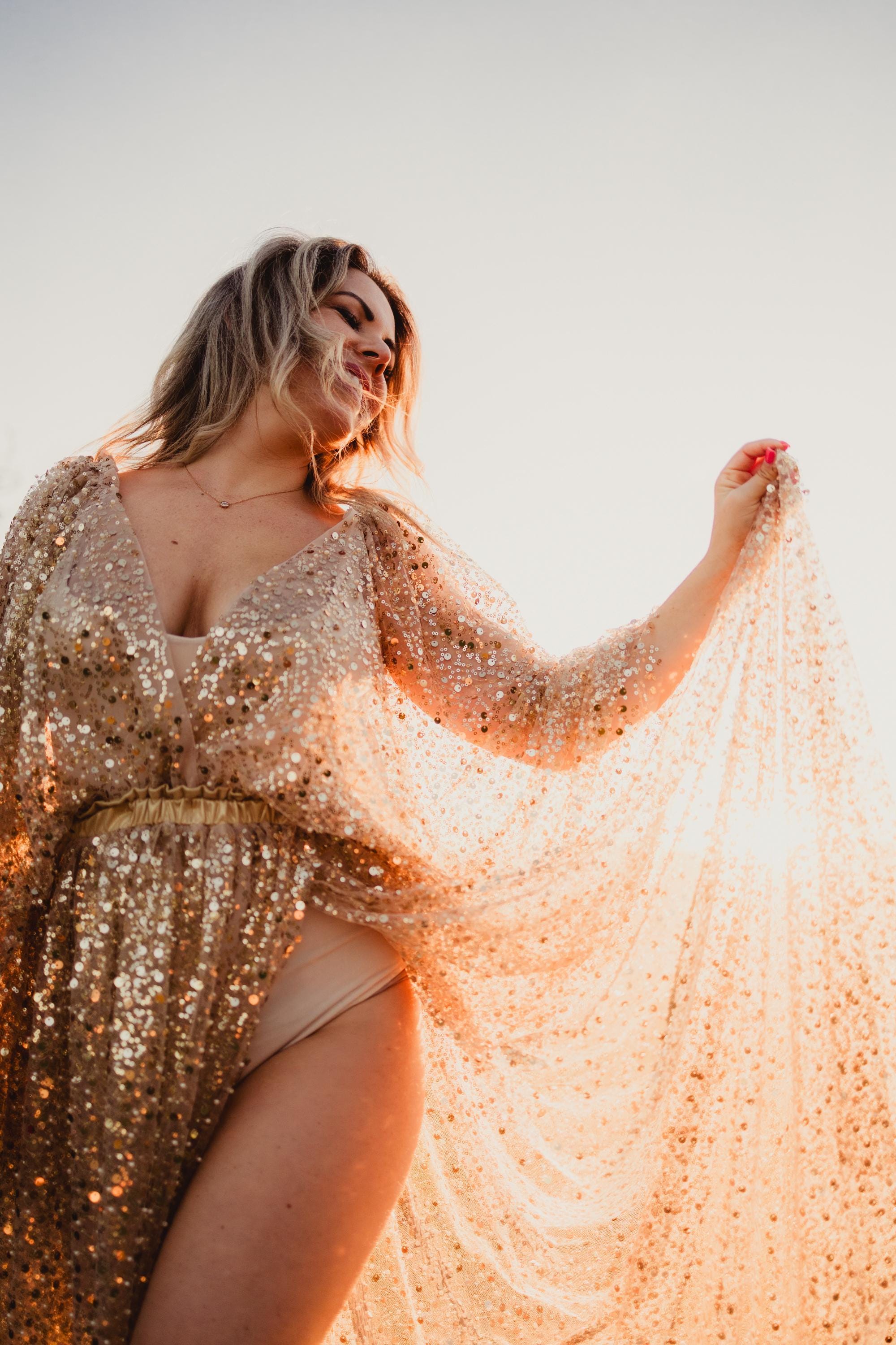 Sheer Maternity Dress For Beach Photo Shoot, Photography Gown, Sparkly Pregnancy Dress, Goddess Maternity Dress, Gold Celestial Dress~Elise~