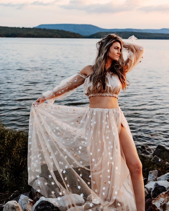 Star Tulle Two Piece Outfit For Photoshoot ~ Celestial Wedding Gown ~ Old Hollywood Bridal Maternity Dress ~ Engagement Photoshoot ~ Milena