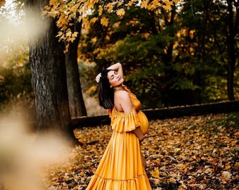 Yellow Baby Shower Dress Gift For Her by ZeBuBeYou® ~ Flying Maternity Dress For Holiday Photoshoot ~ Boho Pregnancy Gown ~ Provance