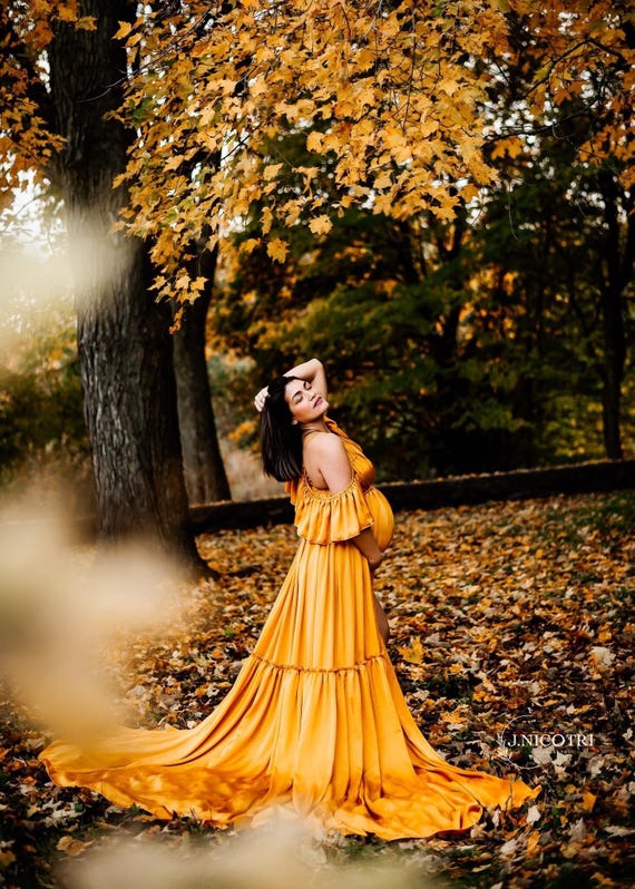 strapless open back dress Momyknows Orange Gradient Cut Out Silk Baby Shower Maternity Maxi Dres